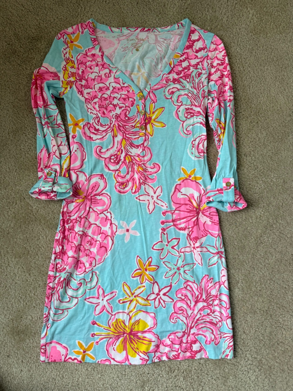 Lilly Pulitzer XS Pink Aqua Floral Resort Maxi Dress Gold Buttons